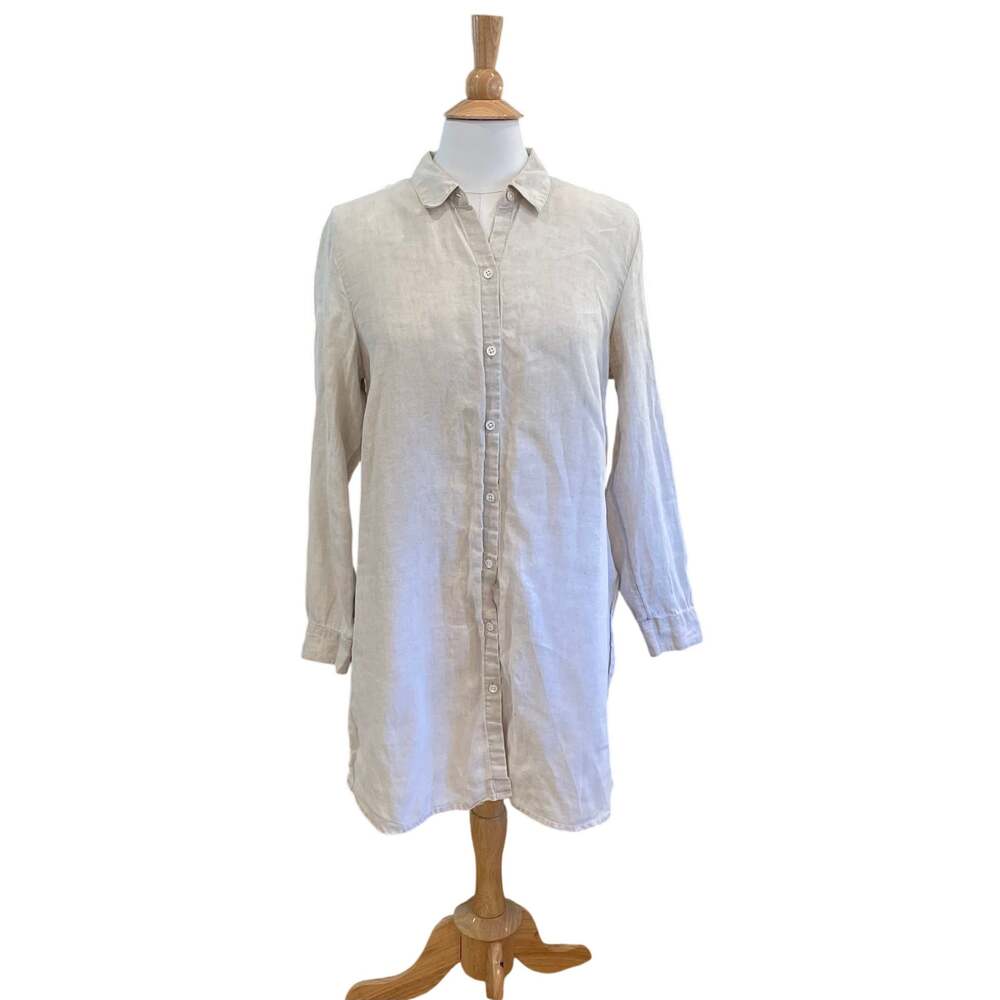 J. Jill Love Linen Beige Long Sleeve Shirt Dress / Tunic, Minimalist, Resort, L